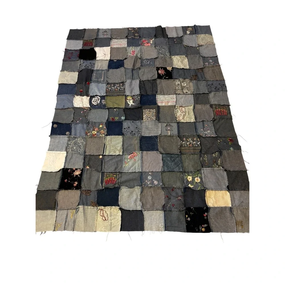 Unfinished Quilt Top Handmade Patchwork Denim Embroidered Upcycled Boho 71x52